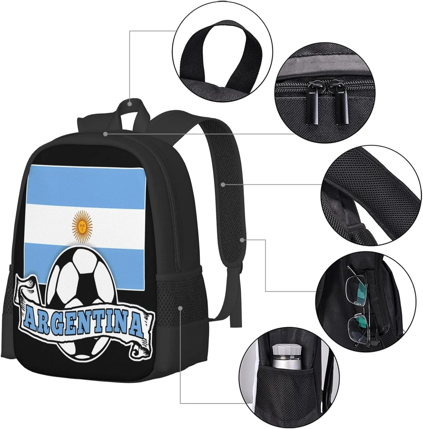 Argentine Soccer Argentina Flag Casual Backpacks Large Capacity Backpack Laptop Rucksack Sport Daypack Commuter Bags with Adjustable Strap for Traveling Camping