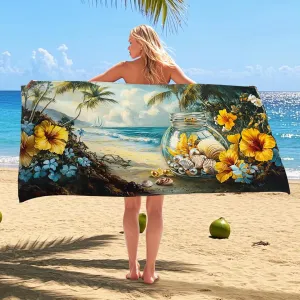 Artistic Coastal Beach Towel Yellow Hibiscus Floral Design Quick Dry Sand Free Microfiber Blanket, Lightweight Pool Picnic Essentials, Vacation Travel Beach Accessory 62x31 Inch