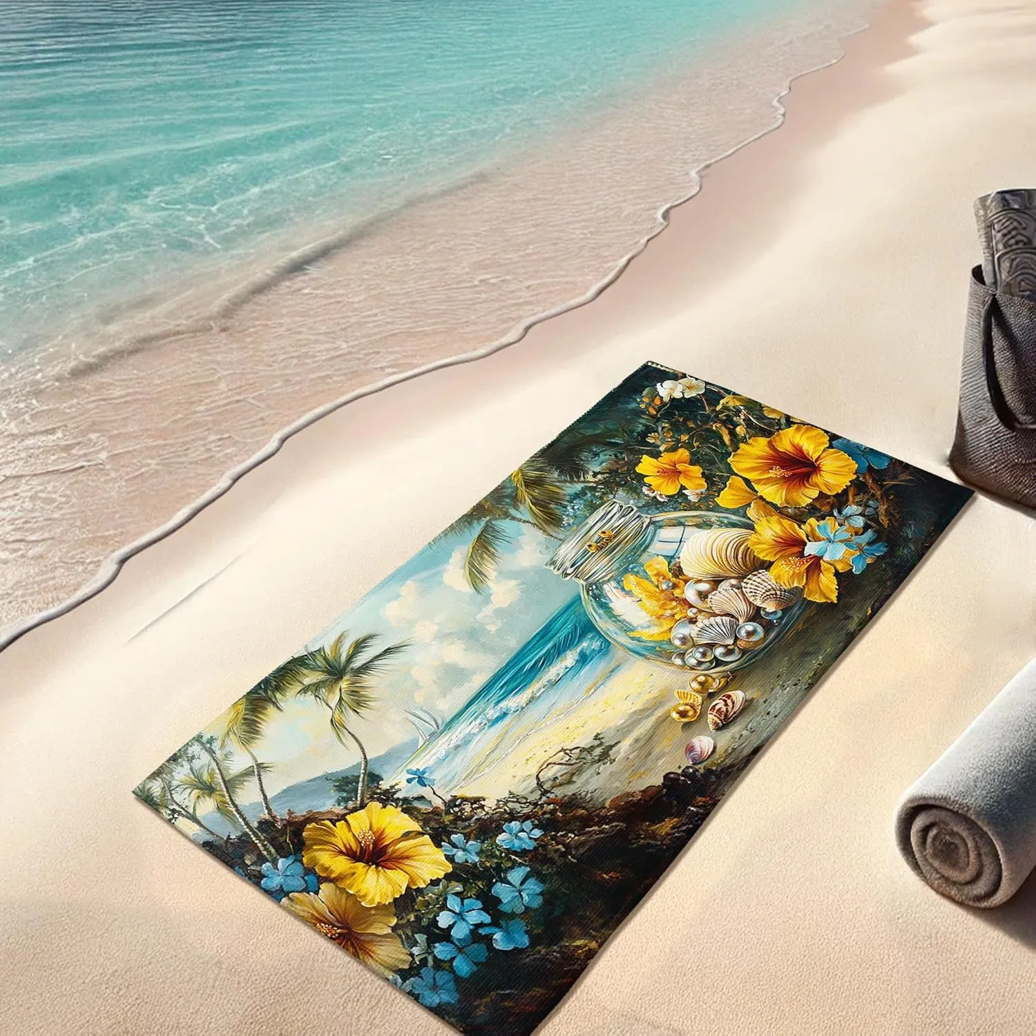 Artistic Coastal Beach Towel Yellow Hibiscus Floral Design Quick Dry Sand Free Microfiber Blanket, Lightweight Pool Picnic Essentials, Vacation Travel Beach Accessory 62x31 Inch
