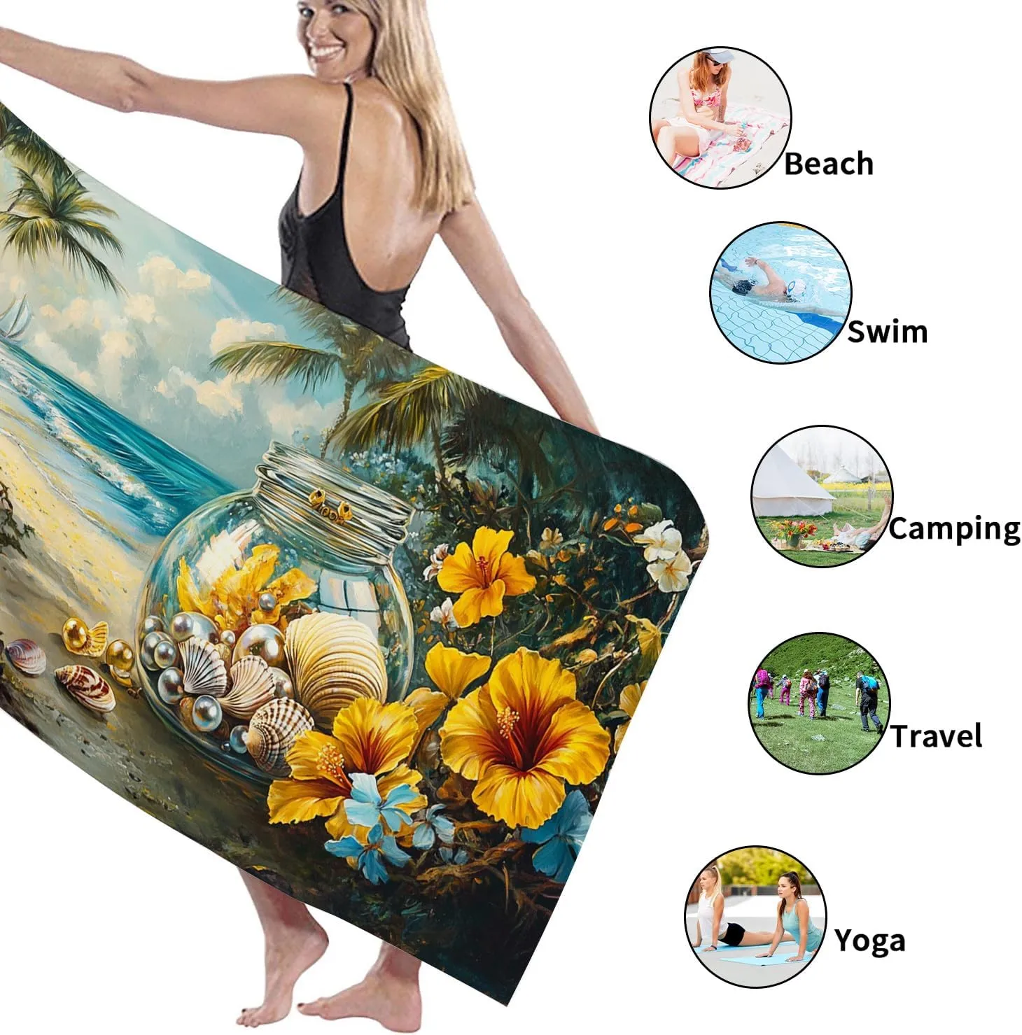 Artistic Coastal Beach Towel Yellow Hibiscus Floral Design Quick Dry Sand Free Microfiber Blanket, Lightweight Pool Picnic Essentials, Vacation Travel Beach Accessory 62x31 Inch