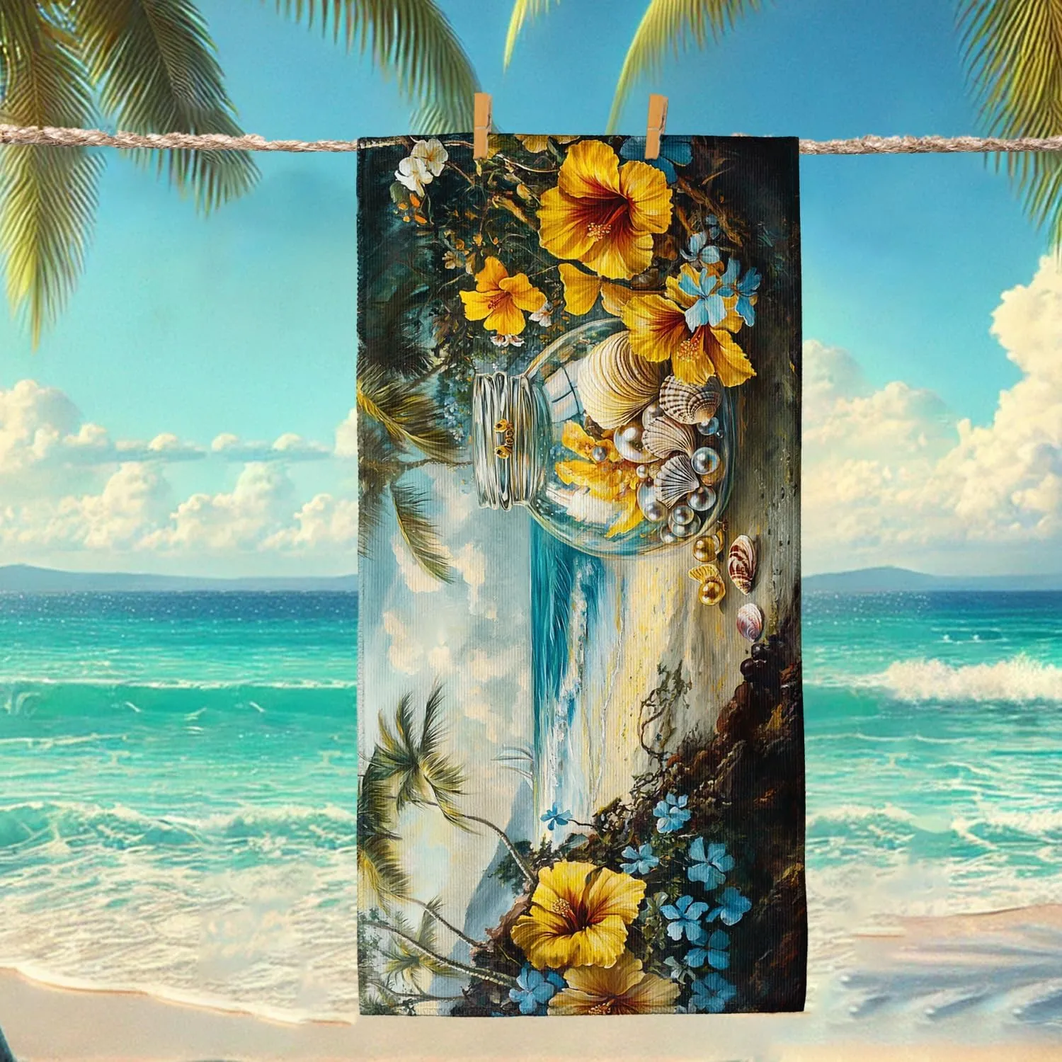Artistic Coastal Beach Towel Yellow Hibiscus Floral Design Quick Dry Sand Free Microfiber Blanket, Lightweight Pool Picnic Essentials, Vacation Travel Beach Accessory 62x31 Inch
