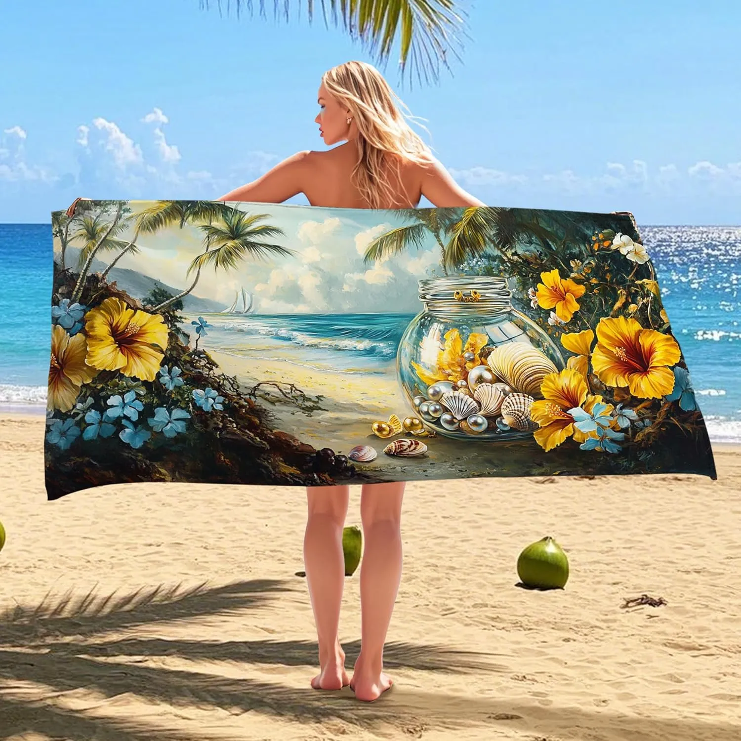 Artistic Coastal Beach Towel Yellow Hibiscus Floral Design Quick Dry Sand Free Microfiber Blanket, Lightweight Pool Picnic Essentials, Vacation Travel Beach Accessory 62x31 Inch