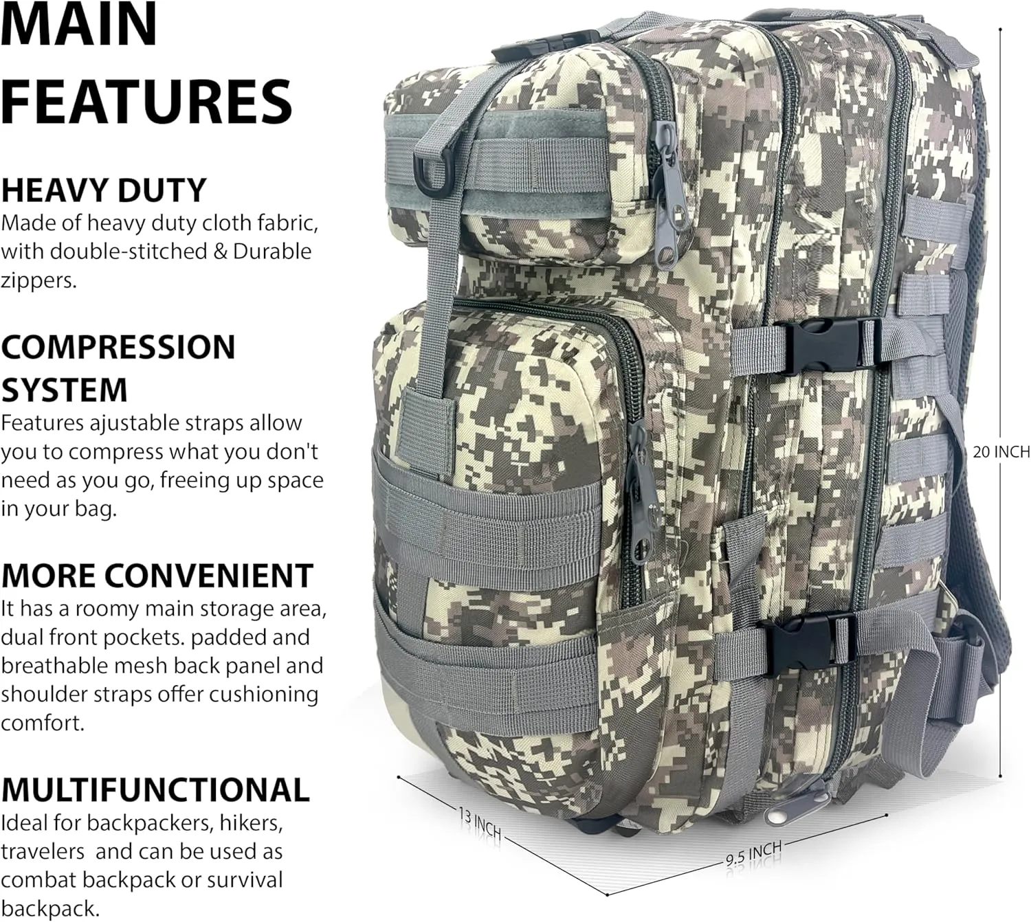 ASA TECHMED Large Tactical Backpack - IFAK Military-Grade Assault Pack, Everyday Carry Use, Military Backpacks Tactical (Gray Camo)