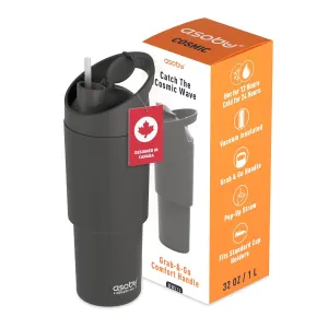 asobu Cosmic Water Bottle - 32oz/1 ltr Stainless Steel Chilled Water Bottle, Secure Grip Handle, Ideal for Travel, Fits Cup Holders, Keeps Beverages Cold, Black