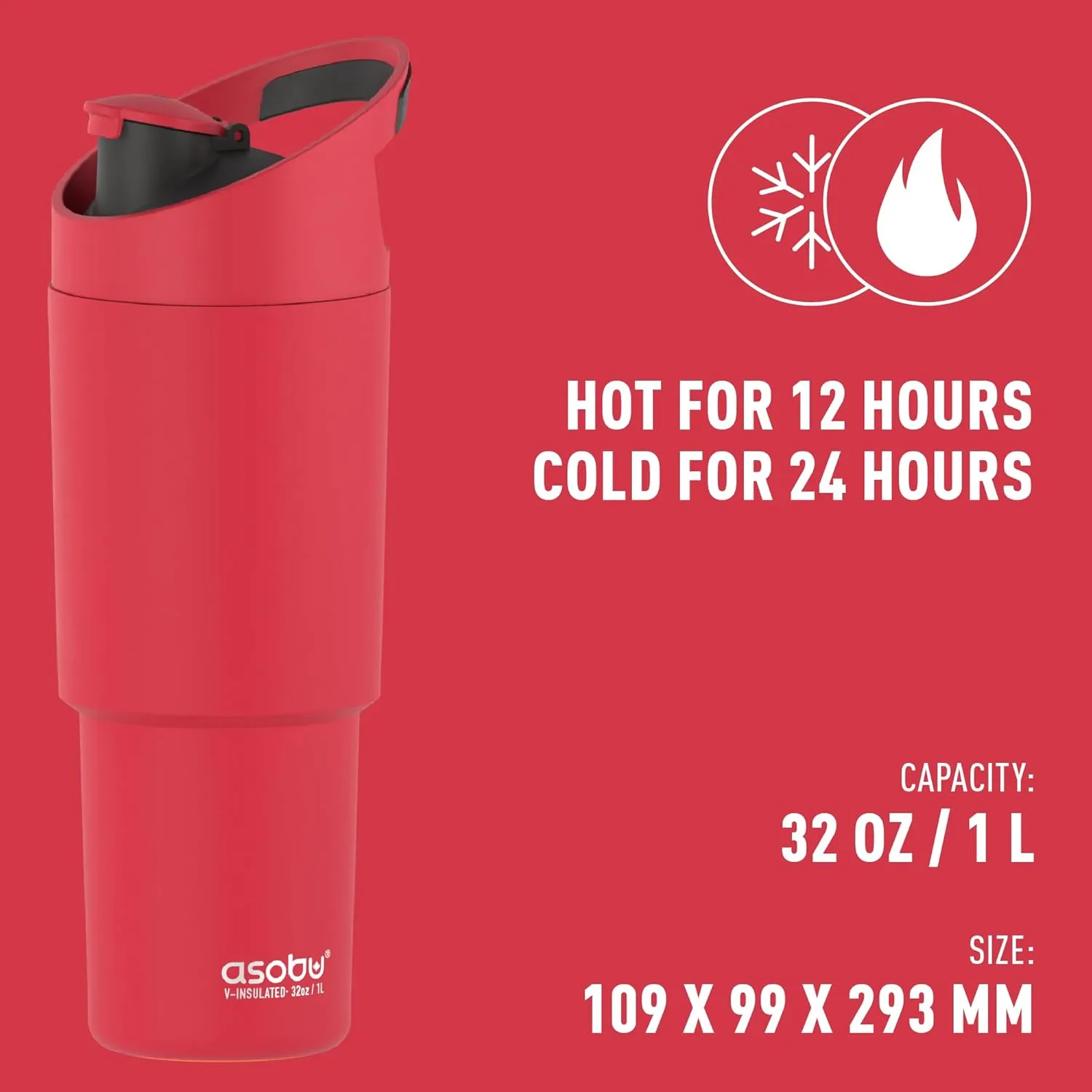 asobu Cosmic Water Bottle - 32oz/1 ltr Stainless Steel Chilled Water Bottle, Secure Grip Handle, Ideal for Travel, Fits Cup Holders, Keeps Beverages Cold, Red