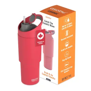 asobu Cosmic Water Bottle - 32oz/1 ltr Stainless Steel Chilled Water Bottle, Secure Grip Handle, Ideal for Travel, Fits Cup Holders, Keeps Beverages Cold, Red