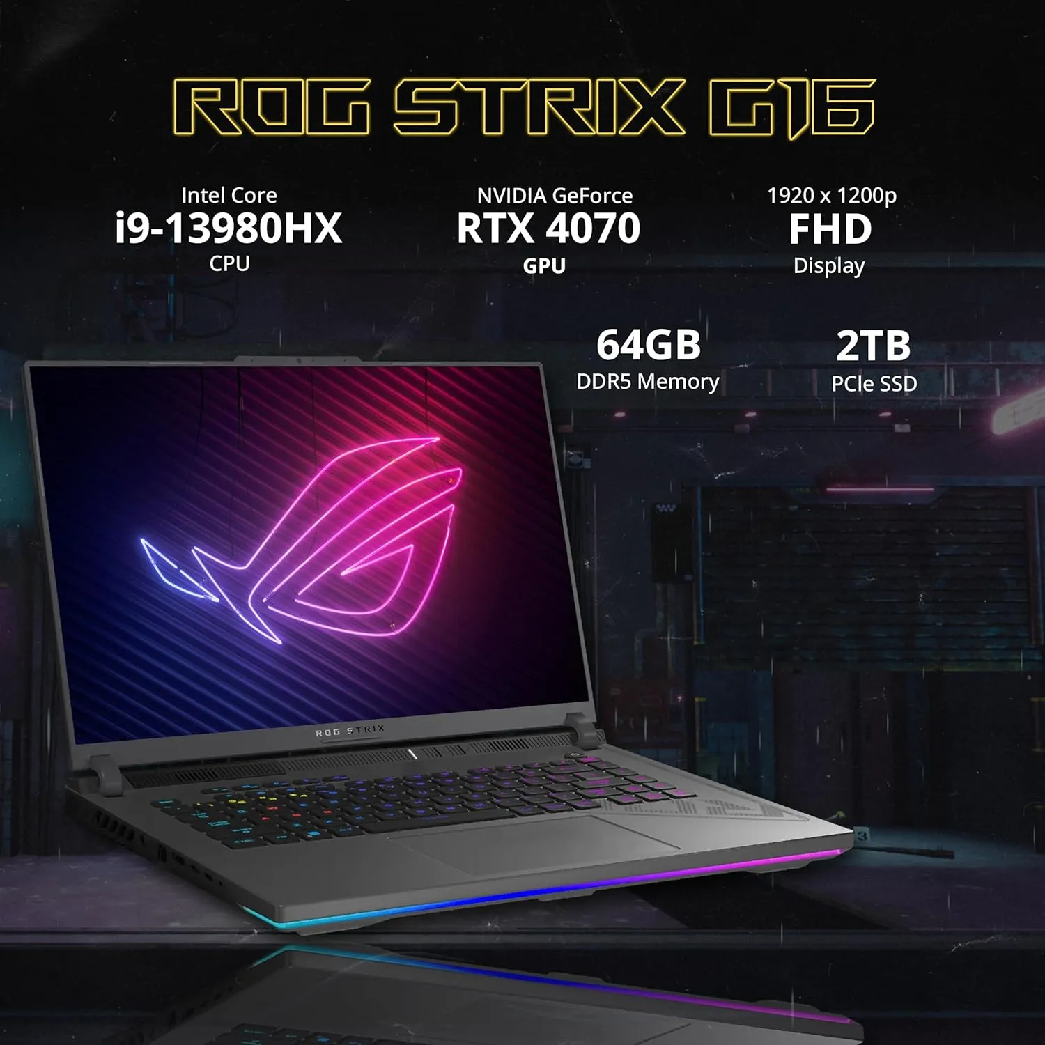 ASUS ROG Strix G16 16" FHD 165Hz Gaming Laptop, Intel i9-13980HX, GeForce RTX 4070, 64GB DDR5, 2TB SSD, RGB Keyboard, WiFi 6E, Gray, Win 11 Pro, 128GB Hotface Extension Set