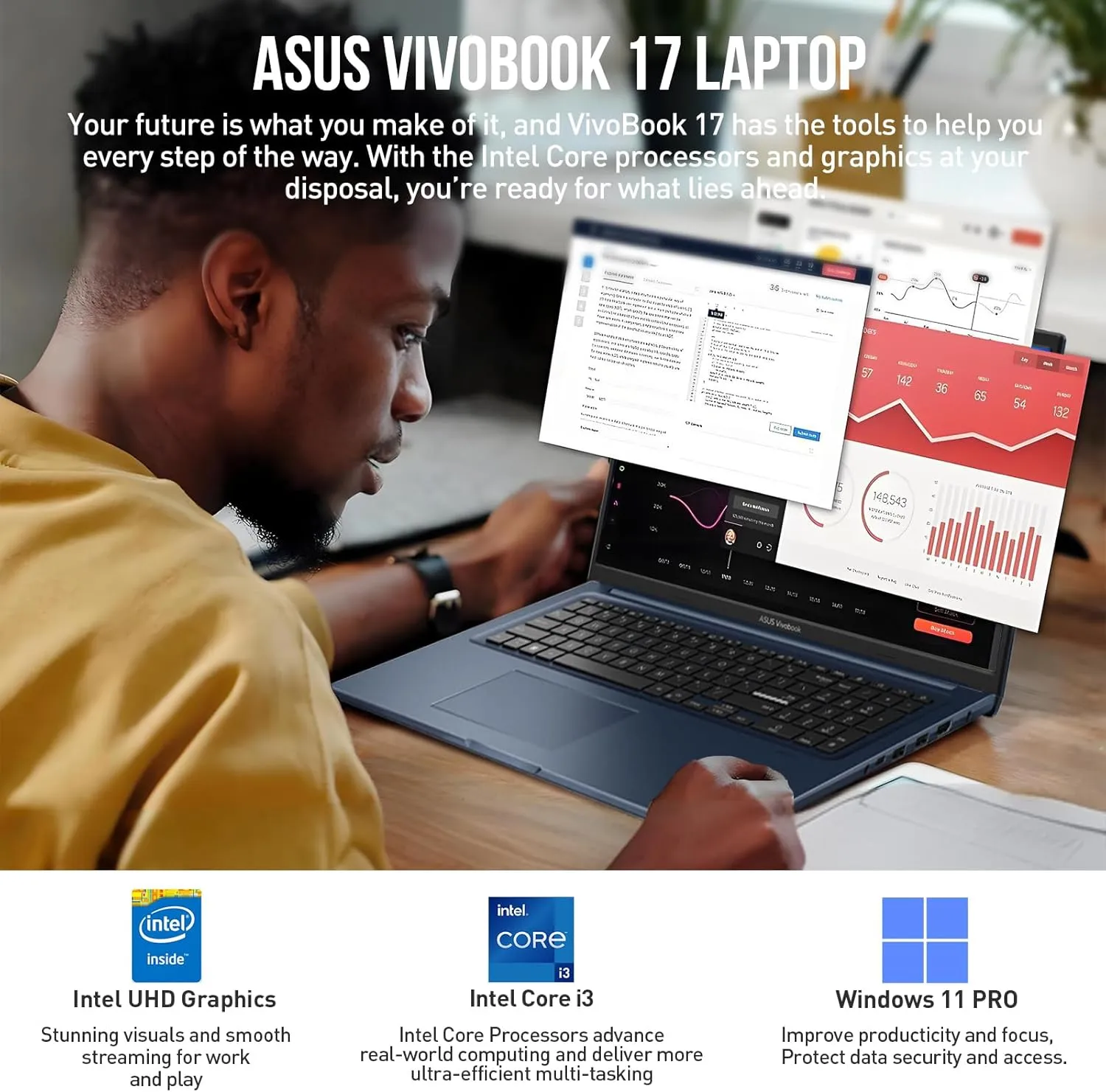 ASUS Vivobook 17 Laptop Computer, 17.3 Inch Laptop FHD, Intel Core i3 (6-Cores), 16GB RAM,512GB SSD 512GB Docking Set, Windows 11 Pro Lifetime Office, 10-Key Number Pad, Quite Blue
