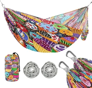 ATTX Cupcakes Cookies Camping Hammock - Lightweight & Portable Hammocks, Heavy Duty 330lbs Capacity for Indoor, Hiking, Backpacking, Travel, Backyard, Beach#566