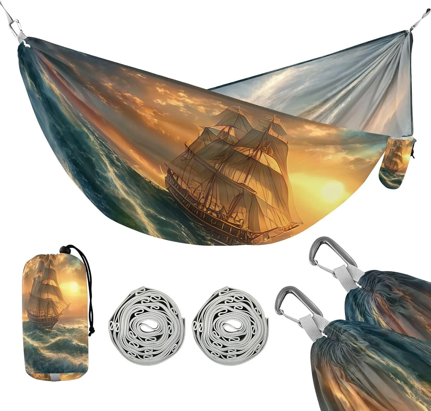 ATTX Sailing Ship Oil Painting Camping Hammock - Lightweight & Portable Hammocks, Heavy Duty 330lbs Capacity for Indoor, Hiking, Backpacking, Travel, Backyard, Beach#128