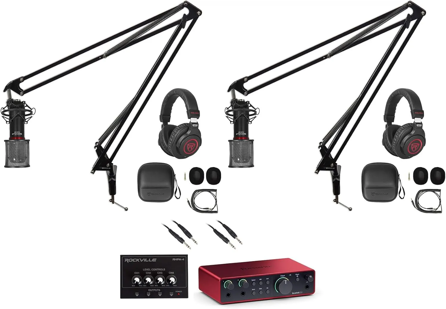 Audiosavings Bundle:(2) Rockville RCM SR Studio/Recording Condenser Microphone Mic w/Samsung Capacitors with Focusrite Scarlett 2i2 4th Gen Studio Recording USB Audio Interface Software (Items 3)