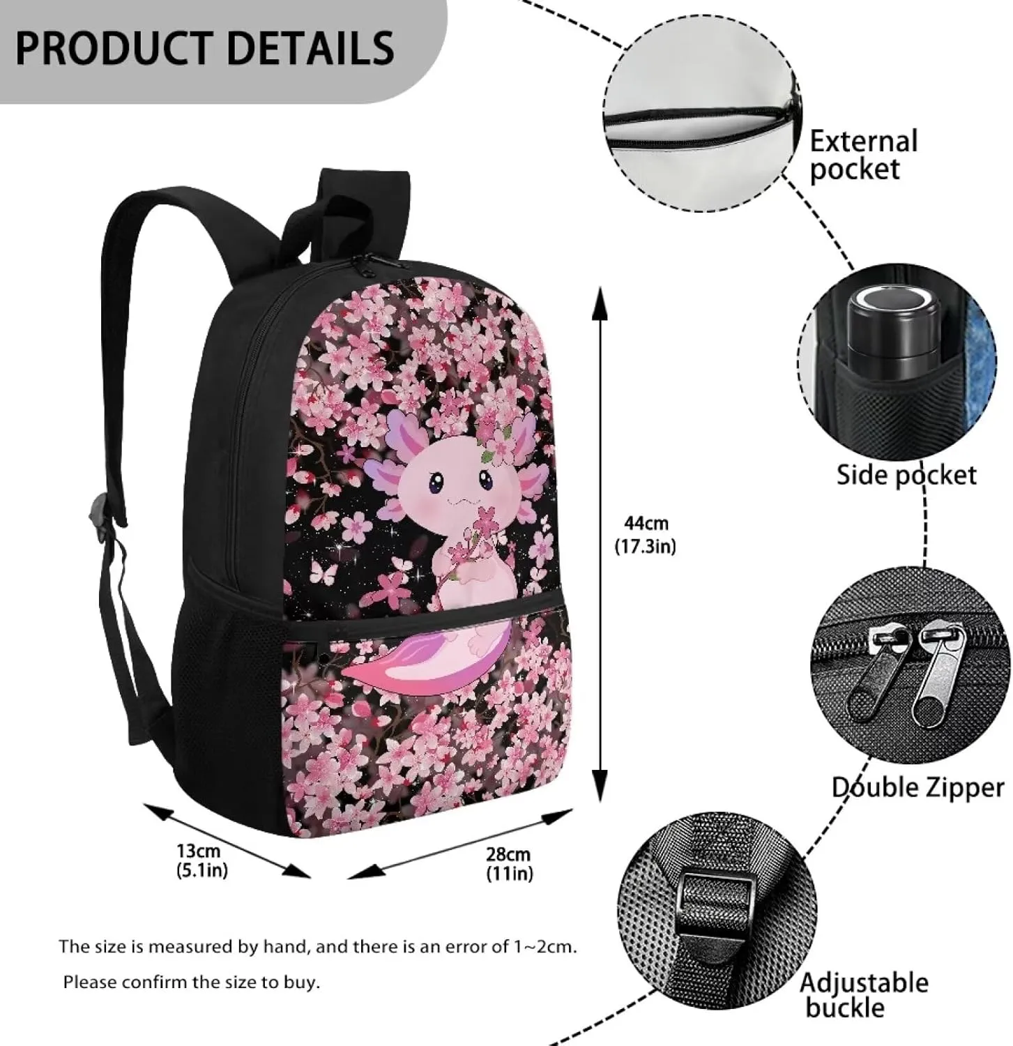 Axolotl Cherry Blossom Backpack for Girls Cute Backpacks for School 17 Inch Teen Casual Daypack with Adjustable Shoulder Strap Large Capacity Schoolbag Bookbags for Middle High School