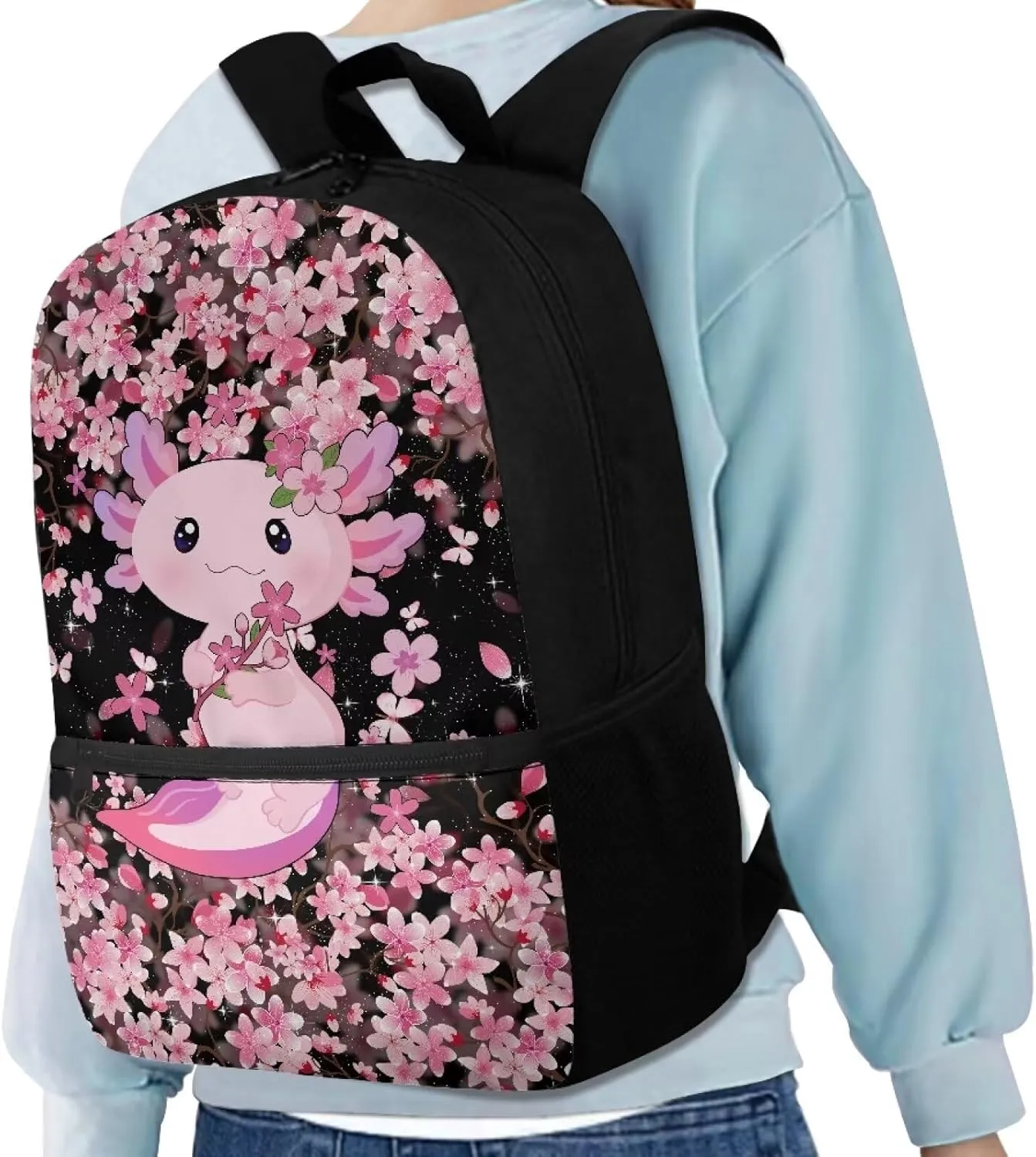 Axolotl Cherry Blossom Backpack for Girls Cute Backpacks for School 17 Inch Teen Casual Daypack with Adjustable Shoulder Strap Large Capacity Schoolbag Bookbags for Middle High School