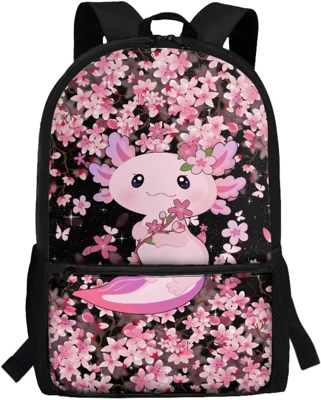 Axolotl Cherry Blossom Backpack for Girls Cute Backpacks for School 17 Inch Teen Casual Daypack with Adjustable Shoulder Strap Large Capacity Schoolbag Bookbags for Middle High School