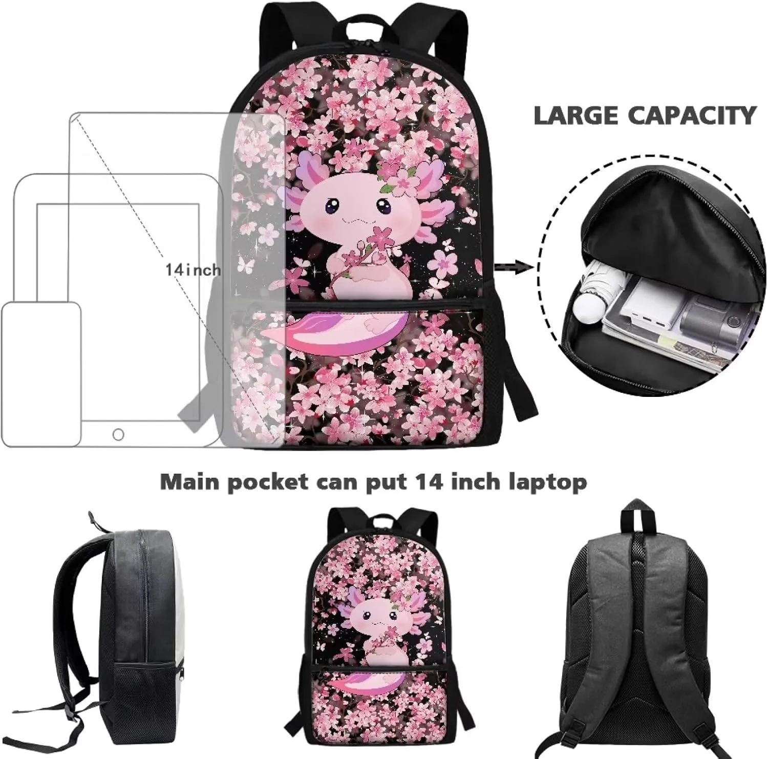 Axolotl Cherry Blossom Backpack for Girls Cute Backpacks for School 17 Inch Teen Casual Daypack with Adjustable Shoulder Strap Large Capacity Schoolbag Bookbags for Middle High School
