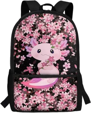 Axolotl Cherry Blossom Backpack for Girls Cute Backpacks for School 17 Inch Teen Casual Daypack with Adjustable Shoulder Strap Large Capacity Schoolbag Bookbags for Middle High School