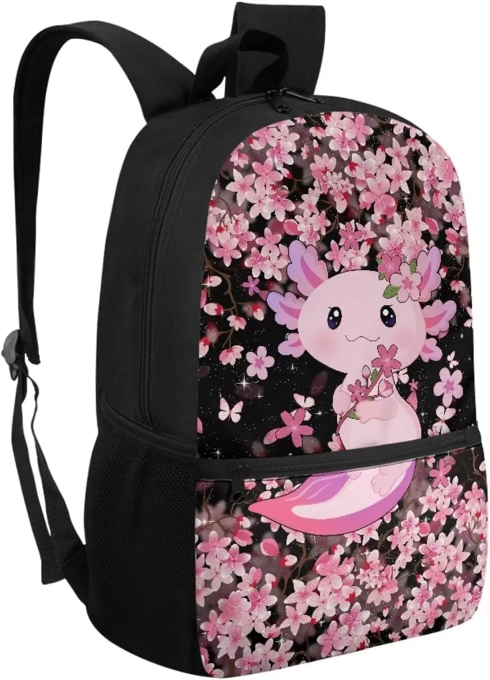 Axolotl Cherry Blossom Backpack for Girls Cute Backpacks for School 17 Inch Teen Casual Daypack with Adjustable Shoulder Strap Large Capacity Schoolbag Bookbags for Middle High School