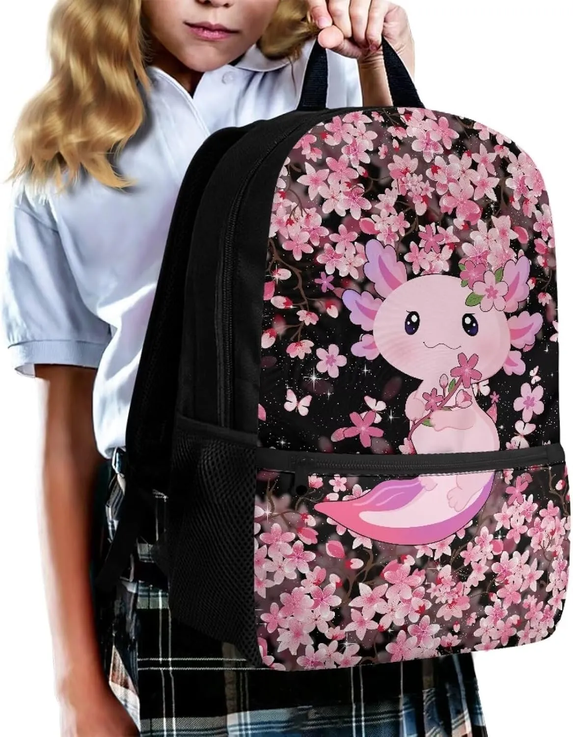 Axolotl Cherry Blossom Backpack for Girls Cute Backpacks for School 17 Inch Teen Casual Daypack with Adjustable Shoulder Strap Large Capacity Schoolbag Bookbags for Middle High School