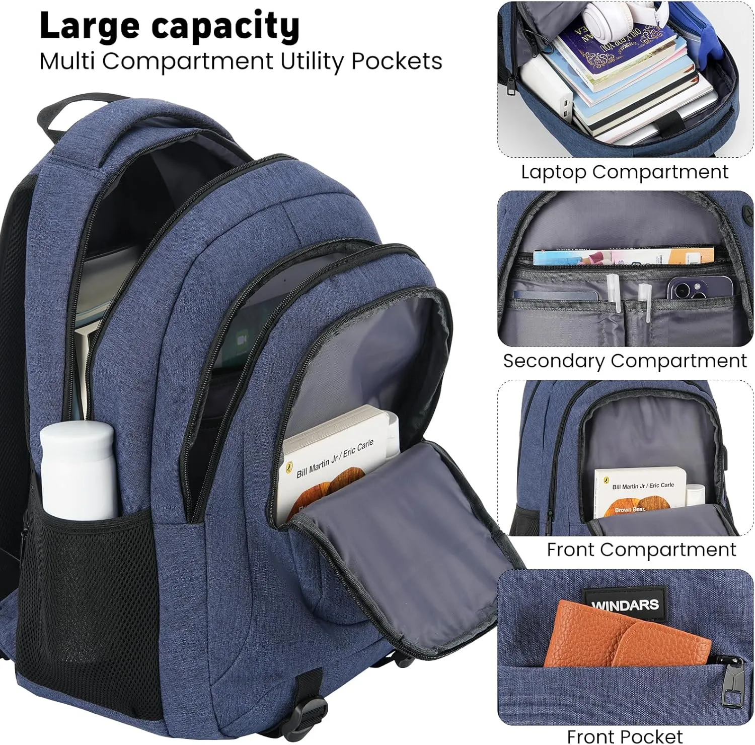 Backpack for Men and Women, School Backpacks for Teens Boys, 15.6 Inch Large College Bookbag Durable Computer Laptop Bag with USB Charger Port for Business Work Travel, Blue