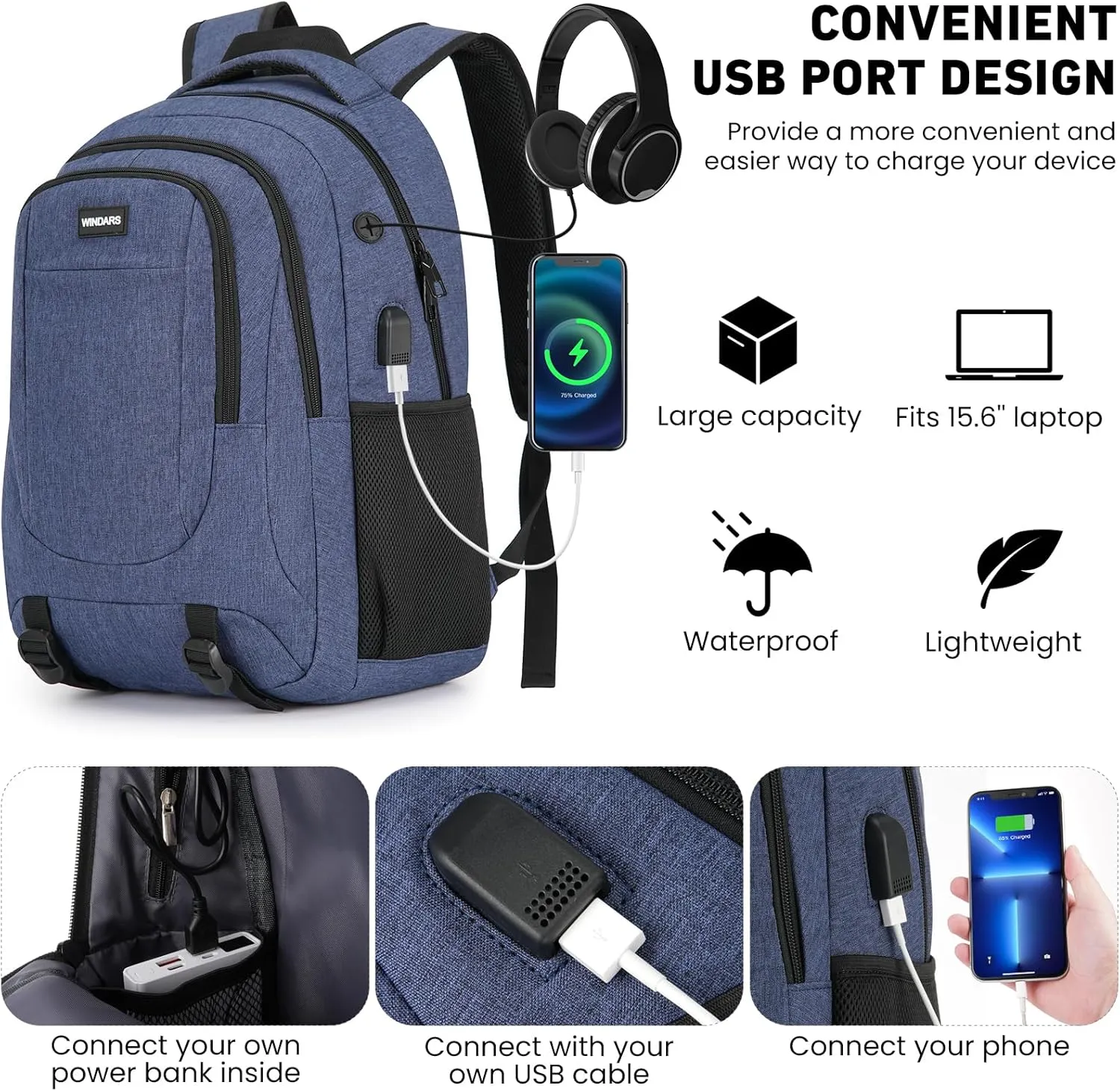 Backpack for Men and Women, School Backpacks for Teens Boys, 15.6 Inch Large College Bookbag Durable Computer Laptop Bag with USB Charger Port for Business Work Travel, Blue