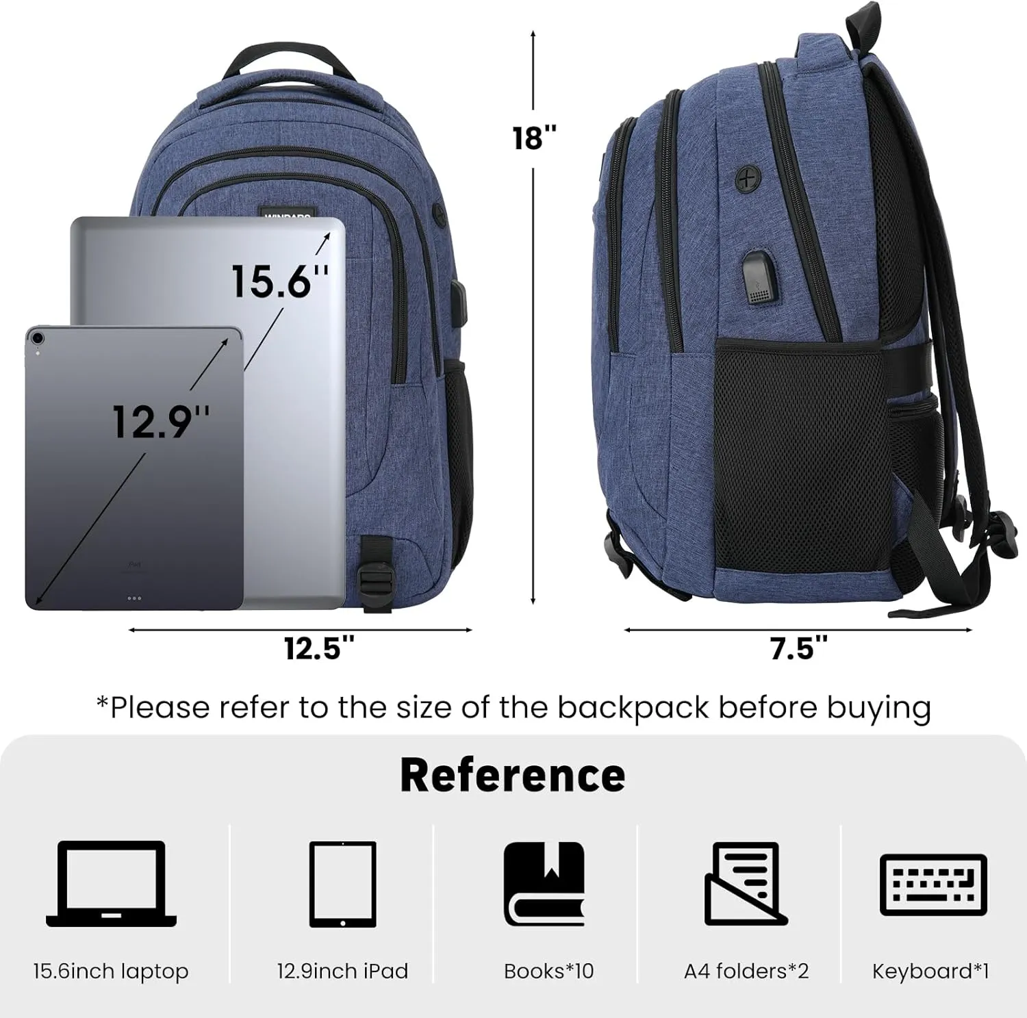 Backpack for Men and Women, School Backpacks for Teens Boys, 15.6 Inch Large College Bookbag Durable Computer Laptop Bag with USB Charger Port for Business Work Travel, Blue