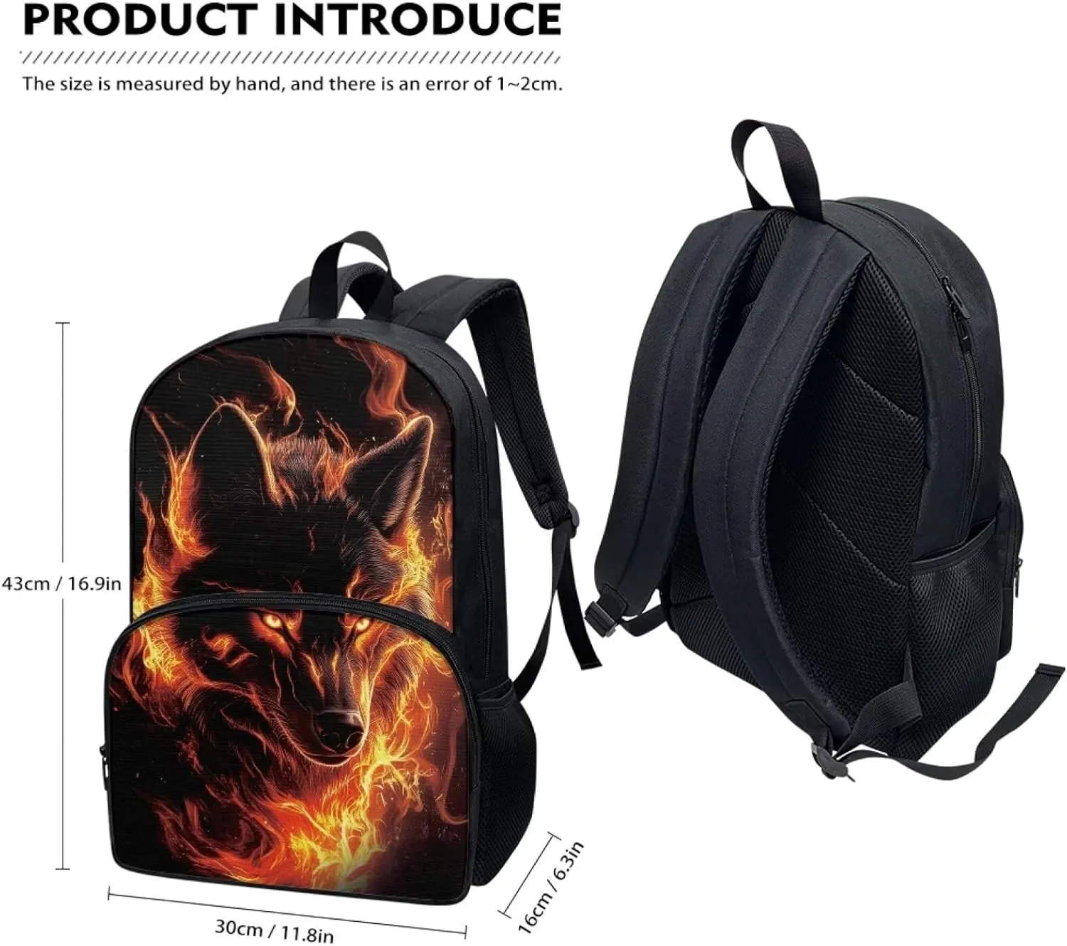 Backpack for School Kids Flaming Wolf Print Boys Large Capacity Schoolbags with Side Pockets Bookbags, 17 Inches