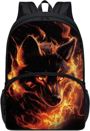 Backpack for School Kids Flaming Wolf Print Boys Large Capacity Schoolbags with Side Pockets Bookbags, 17 Inches