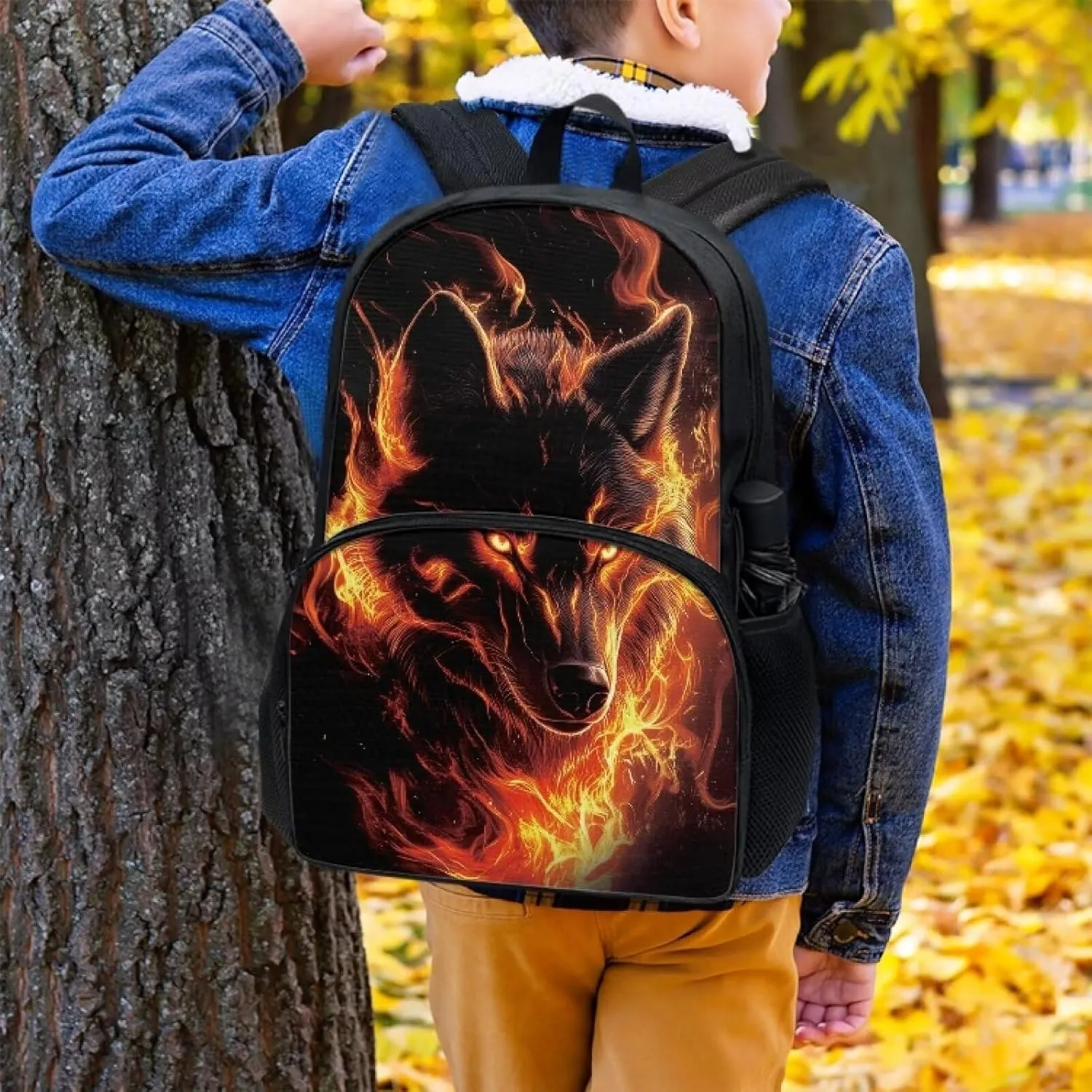 Backpack for School Kids Flaming Wolf Print Boys Large Capacity Schoolbags with Side Pockets Bookbags, 17 Inches