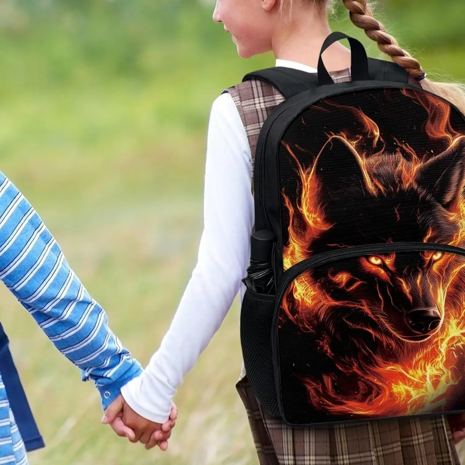 Backpack for School Kids Flaming Wolf Print Boys Large Capacity Schoolbags with Side Pockets Bookbags, 17 Inches