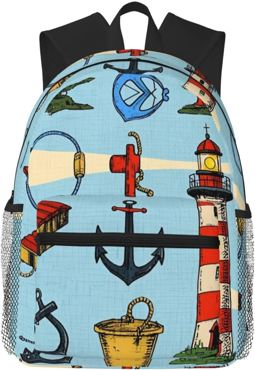 Backpack for Women Men 15.7 in, Lightweight Travel Backpack Waterproof Casual Daypack Laptop Computer Backpacks Carry On Bag Purse for Travel Business Hiking Work, Ocean Lighthouse Anchor