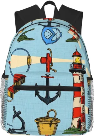 Backpack for Women Men 15.7 in, Lightweight Travel Backpack Waterproof Casual Daypack Laptop Computer Backpacks Carry On Bag Purse for Travel Business Hiking Work, Ocean Lighthouse Anchor