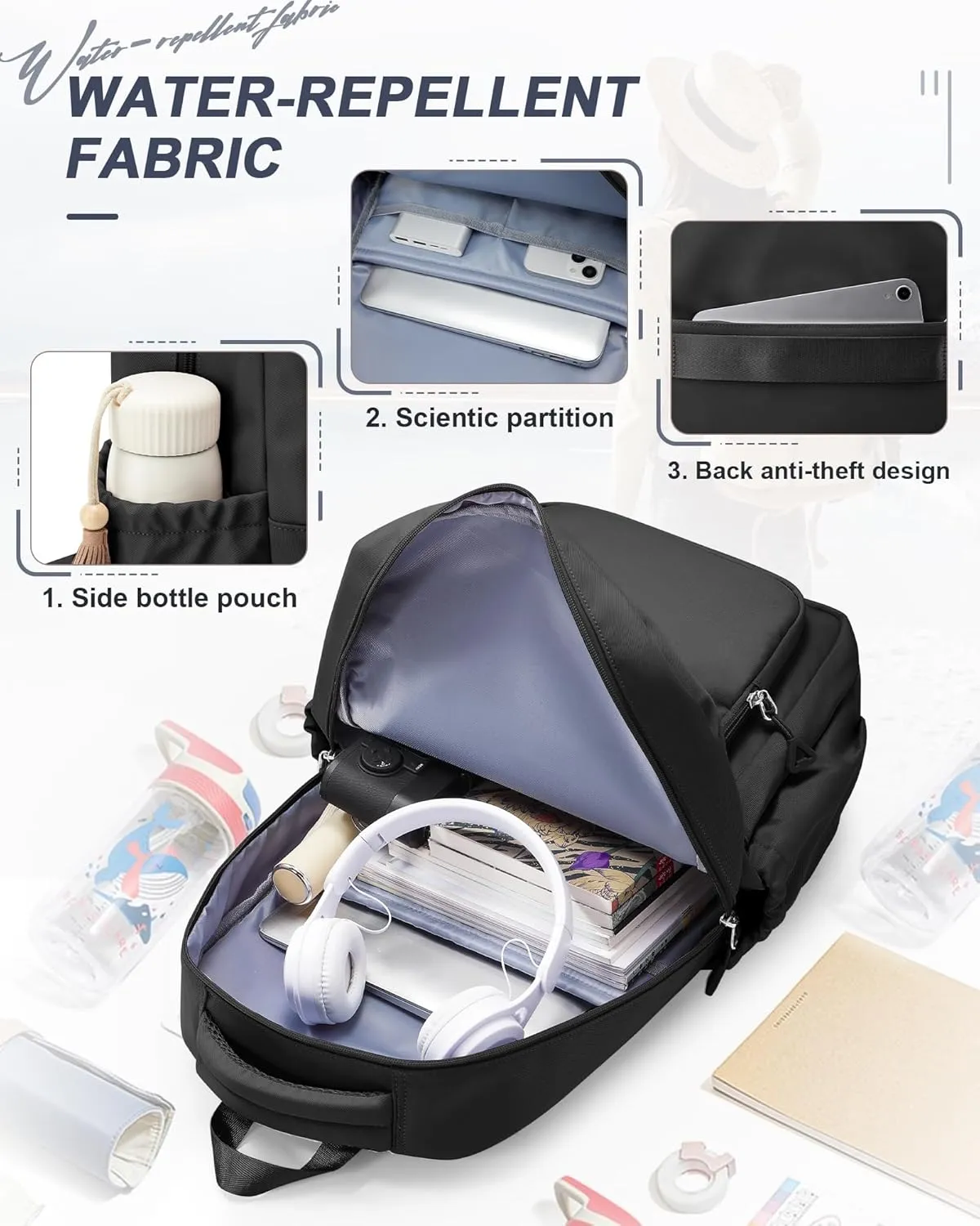 Backpack for Women Men, Waterproof High School Backpacks, Multifunction Casual Daypack, Classic Basic College Backpack, Middle School Bookbag for Teen Girls Boys, Children backpacks, Black