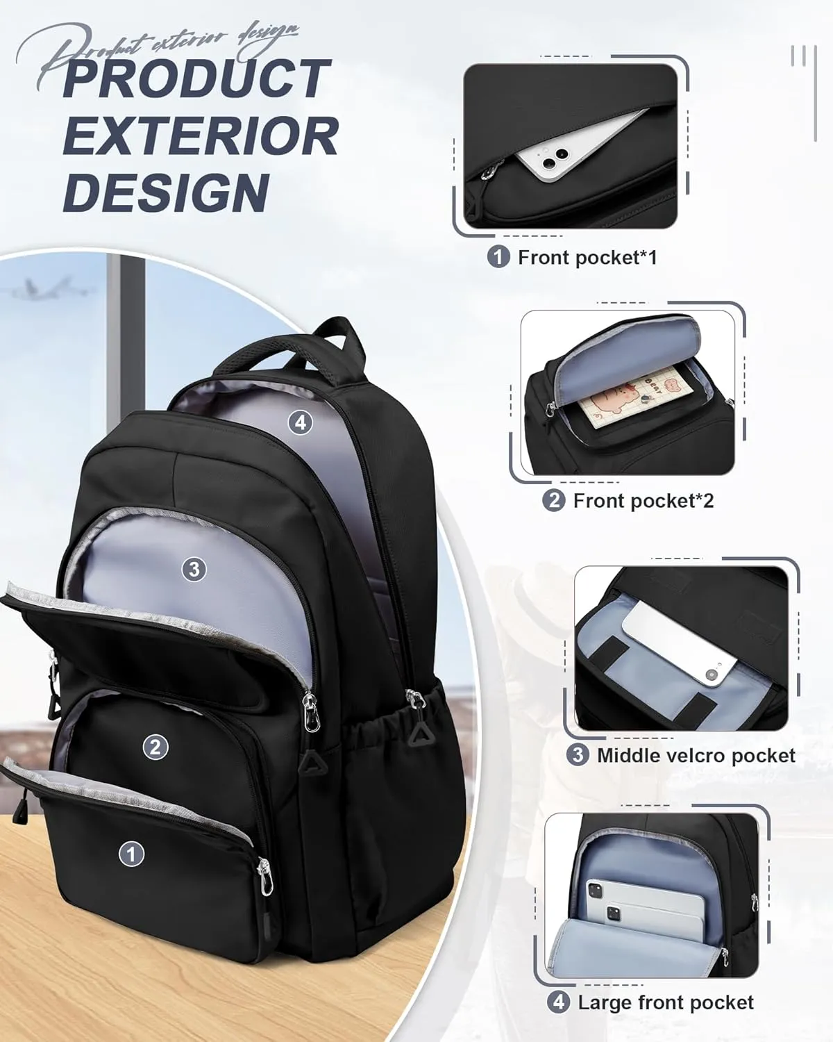 Backpack for Women Men, Waterproof High School Backpacks, Multifunction Casual Daypack, Classic Basic College Backpack, Middle School Bookbag for Teen Girls Boys, Children backpacks, Black