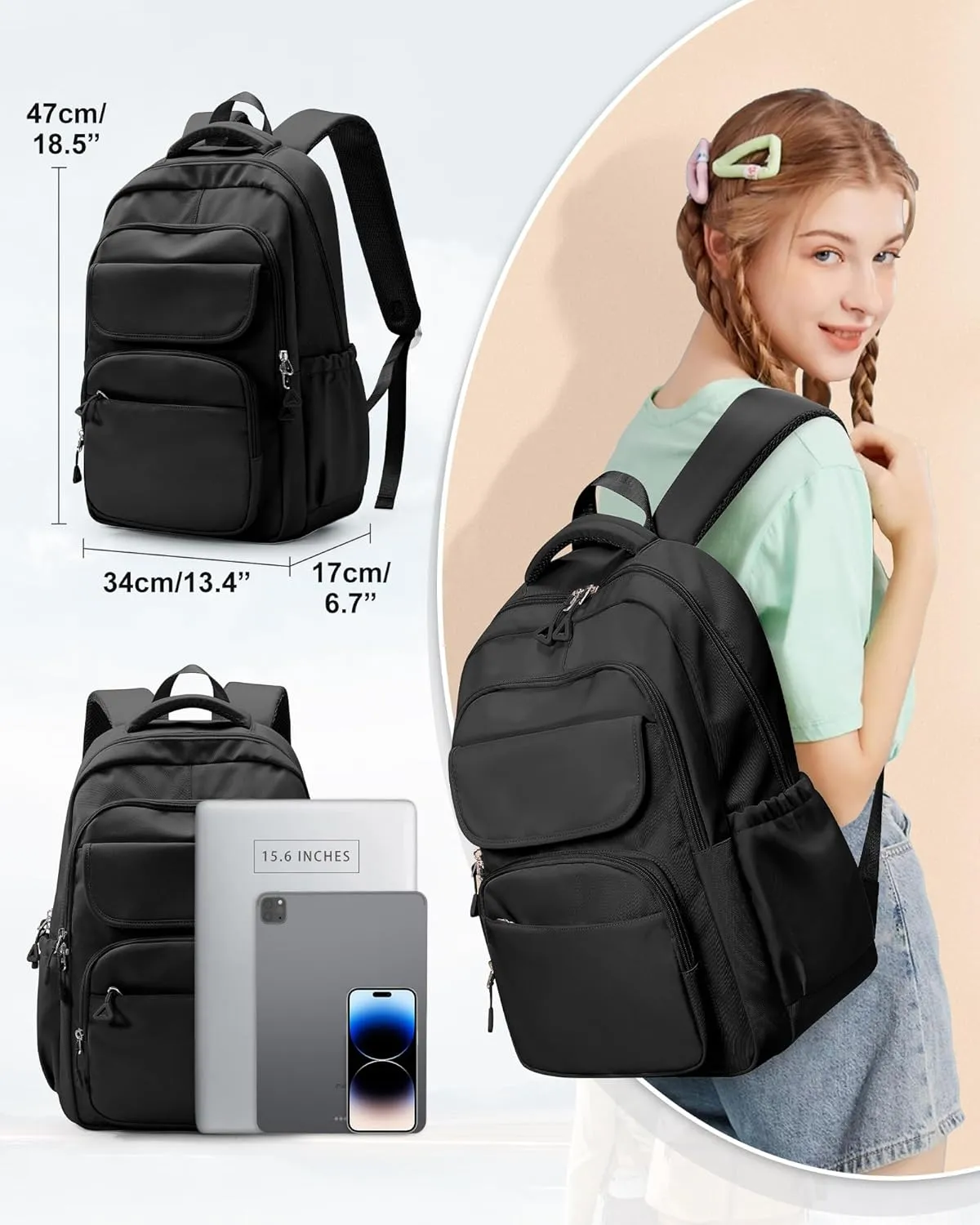 Backpack for Women Men, Waterproof High School Backpacks, Multifunction Casual Daypack, Classic Basic College Backpack, Middle School Bookbag for Teen Girls Boys, Children backpacks, Black