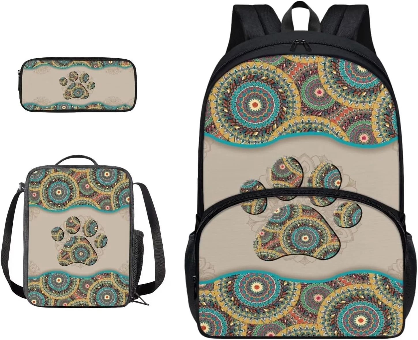 Backpack Set Boho Mandala Dog Cat Paw Print Schoolbag Lunch Box Pencil Case 17 Inch Travel Laptop Backpacks Fashion Rucksack Casual Daypack with Ergonomic Straps foy Student