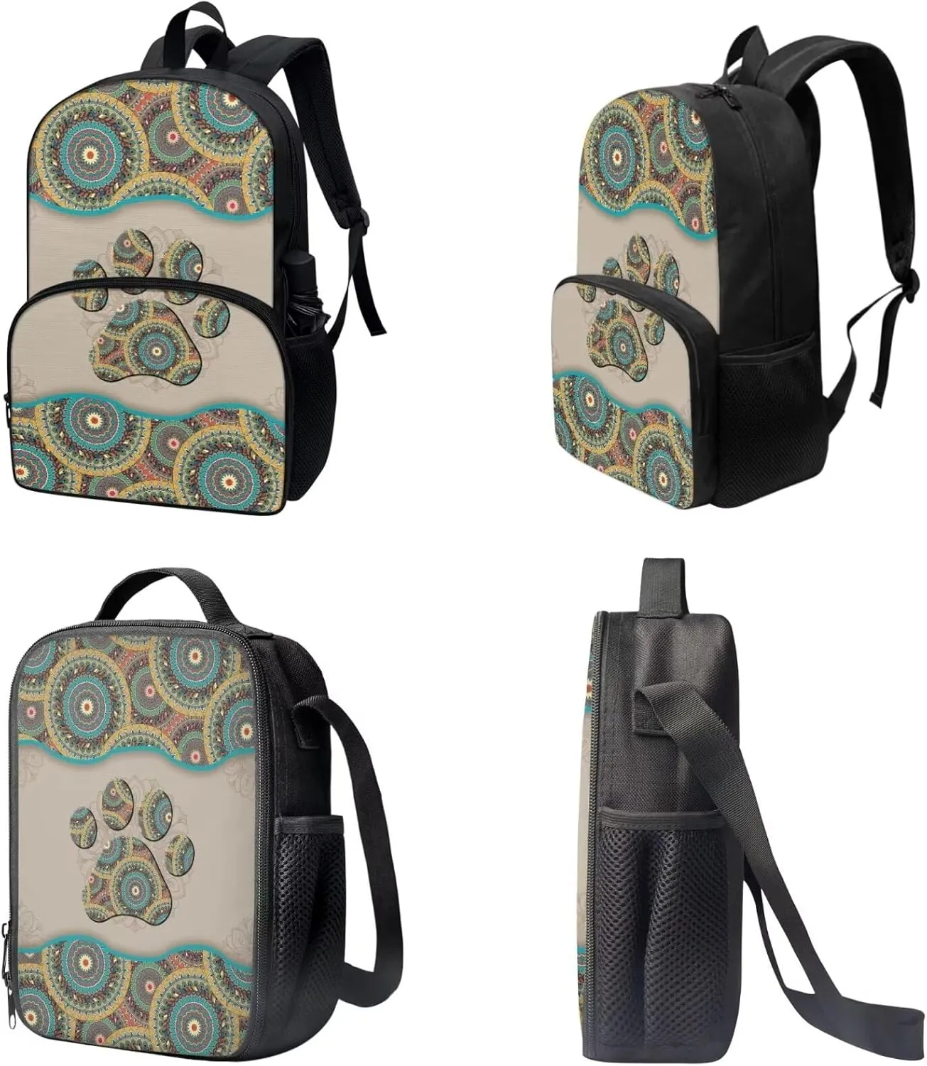 Backpack Set Boho Mandala Dog Cat Paw Print Schoolbag Lunch Box Pencil Case 17 Inch Travel Laptop Backpacks Fashion Rucksack Casual Daypack with Ergonomic Straps foy Student
