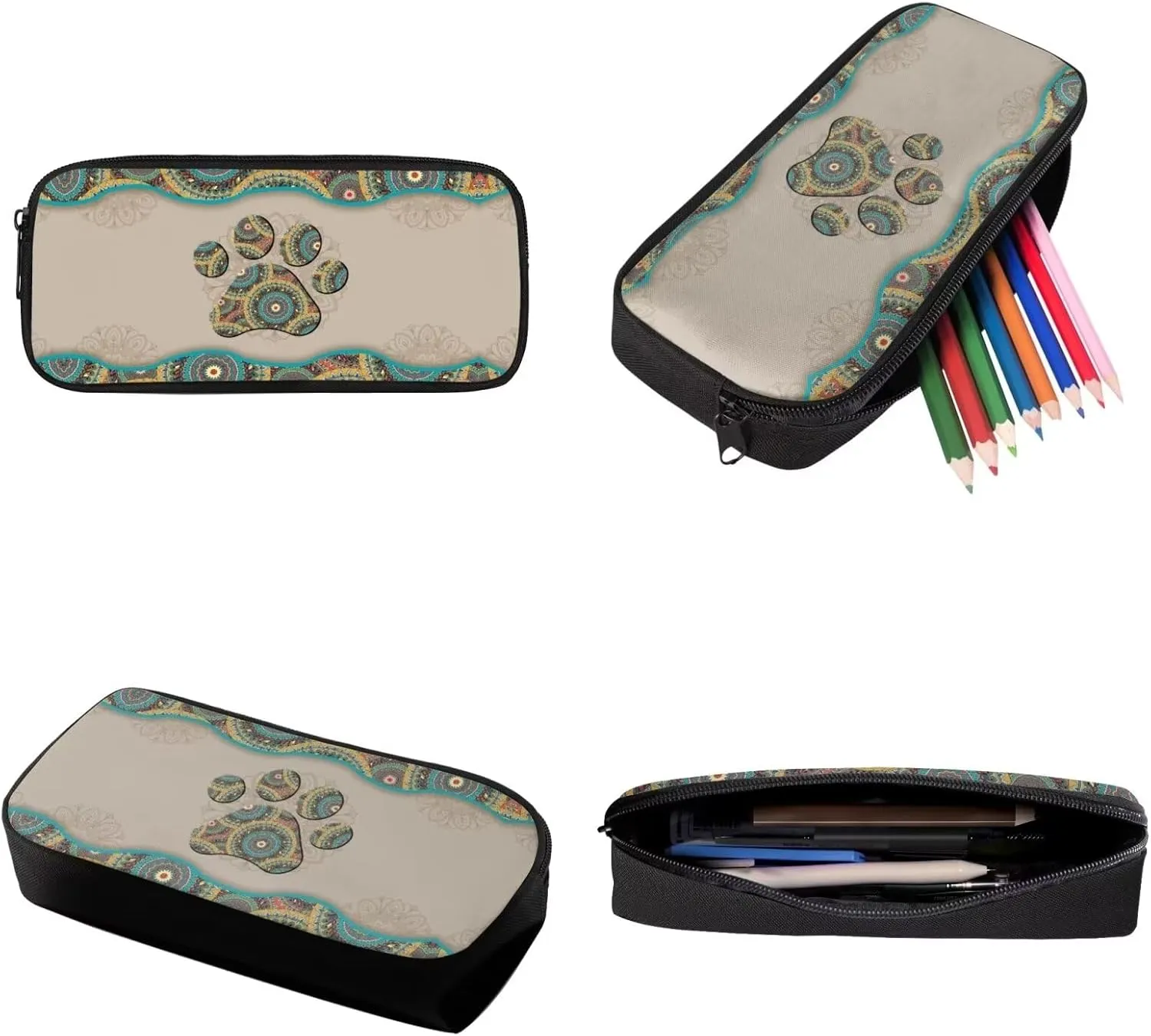 Backpack Set Boho Mandala Dog Cat Paw Print Schoolbag Lunch Box Pencil Case 17 Inch Travel Laptop Backpacks Fashion Rucksack Casual Daypack with Ergonomic Straps foy Student