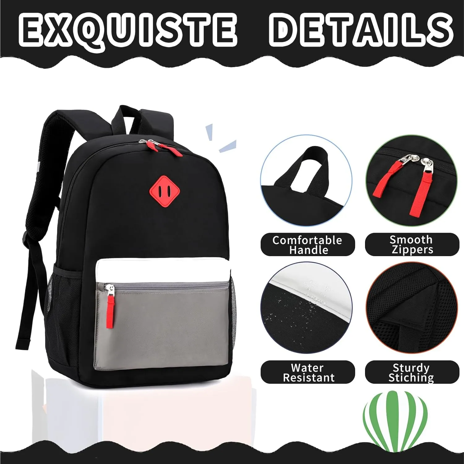 Backpack Set for Girls Boy Kids Backpack with Lunch Box for Elementary Primary Kindergarten School Bag (Black Grey Set, Large)
