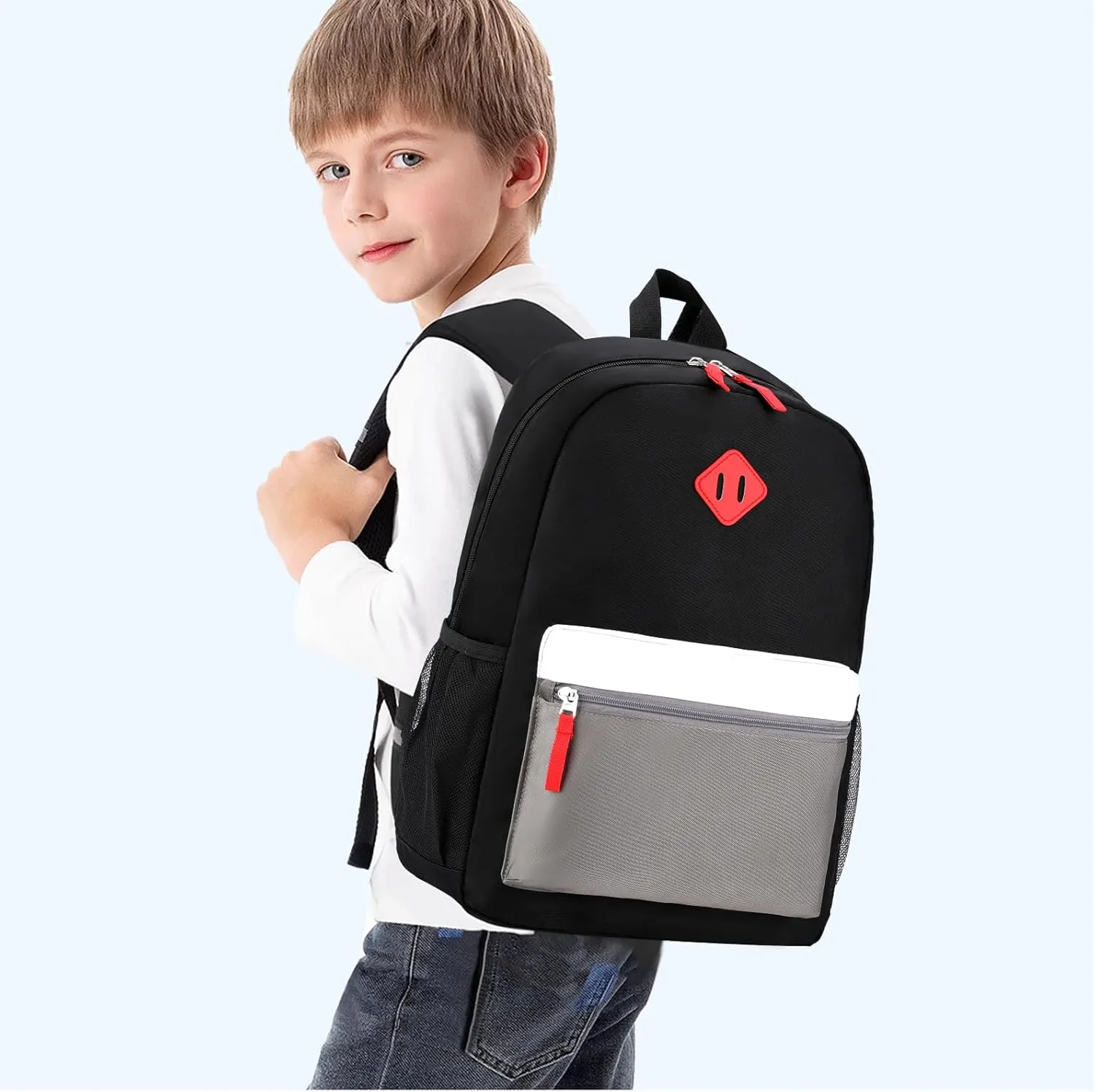 Backpack Set for Girls Boy Kids Backpack with Lunch Box for Elementary Primary Kindergarten School Bag (Black Grey Set, Large)