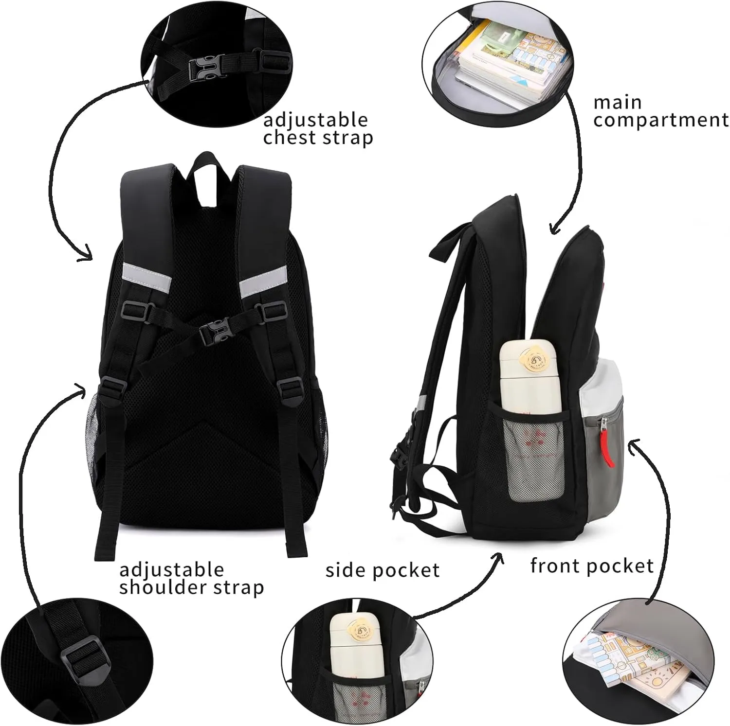 Backpack Set for Girls Boy Kids Backpack with Lunch Box for Elementary Primary Kindergarten School Bag (Black Grey Set, Large)