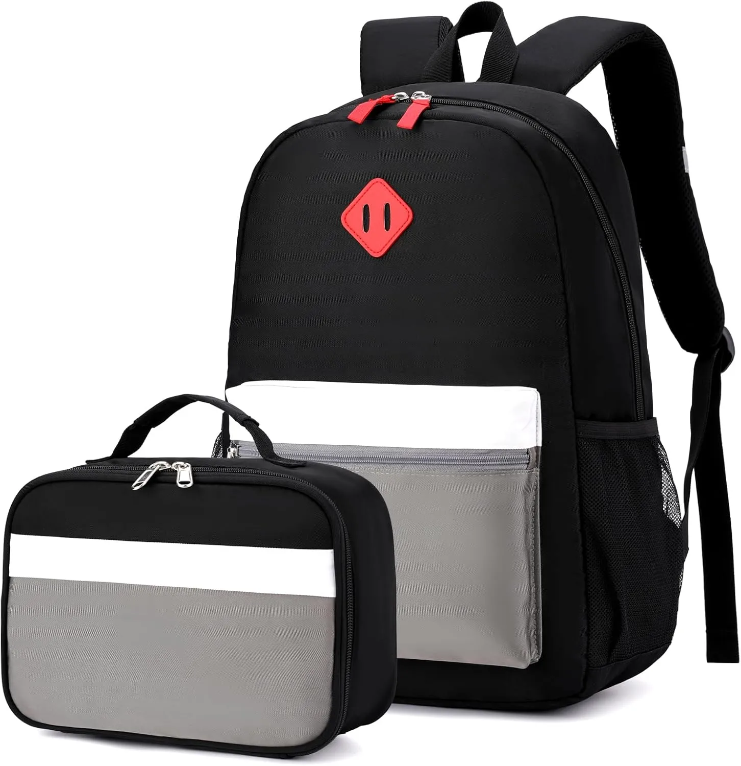 Backpack Set for Girls Boy Kids Backpack with Lunch Box for Elementary Primary Kindergarten School Bag (Black Grey Set, Large)