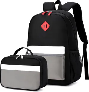 Backpack Set for Girls Boy Kids Backpack with Lunch Box for Elementary Primary Kindergarten School Bag (Black Grey Set, Large)