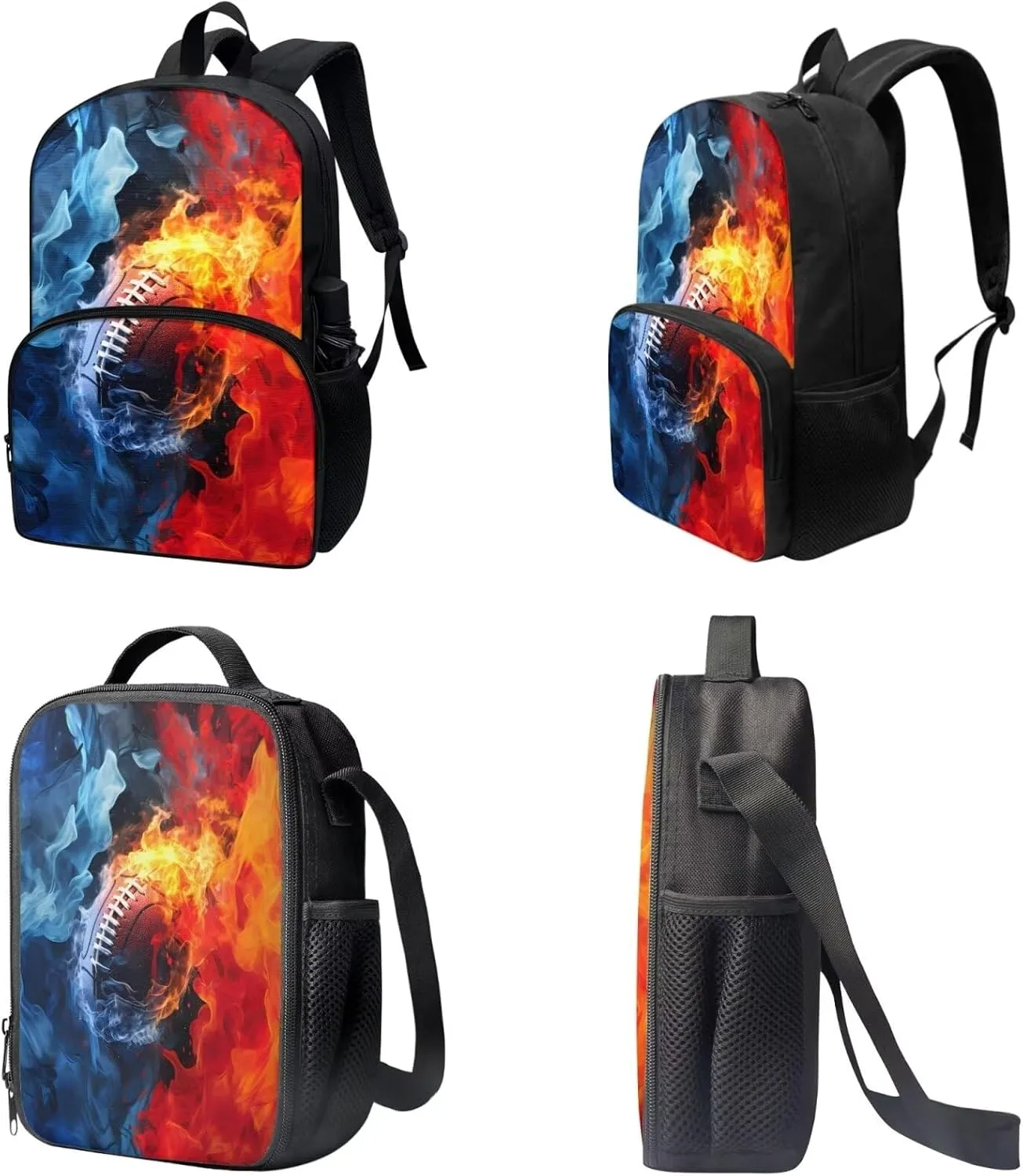 Backpack Set Schoolbag Lunch Box Pencil Case Fire American Football Print 17 Inch Travel Laptop Backpacks Bookbag for Teen Girls Boys Large Capacity Rucksack Daypack