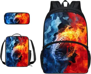 Backpack Set Schoolbag Lunch Box Pencil Case Fire American Football Print 17 Inch Travel Laptop Backpacks Bookbag for Teen Girls Boys Large Capacity Rucksack Daypack