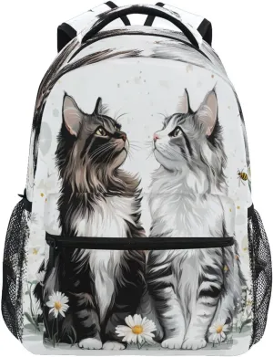 Backpacks for Teenager Waterproof Personal Backpack with Chest Strap Gift Men & Women Cartoon Maine Coon Cats White