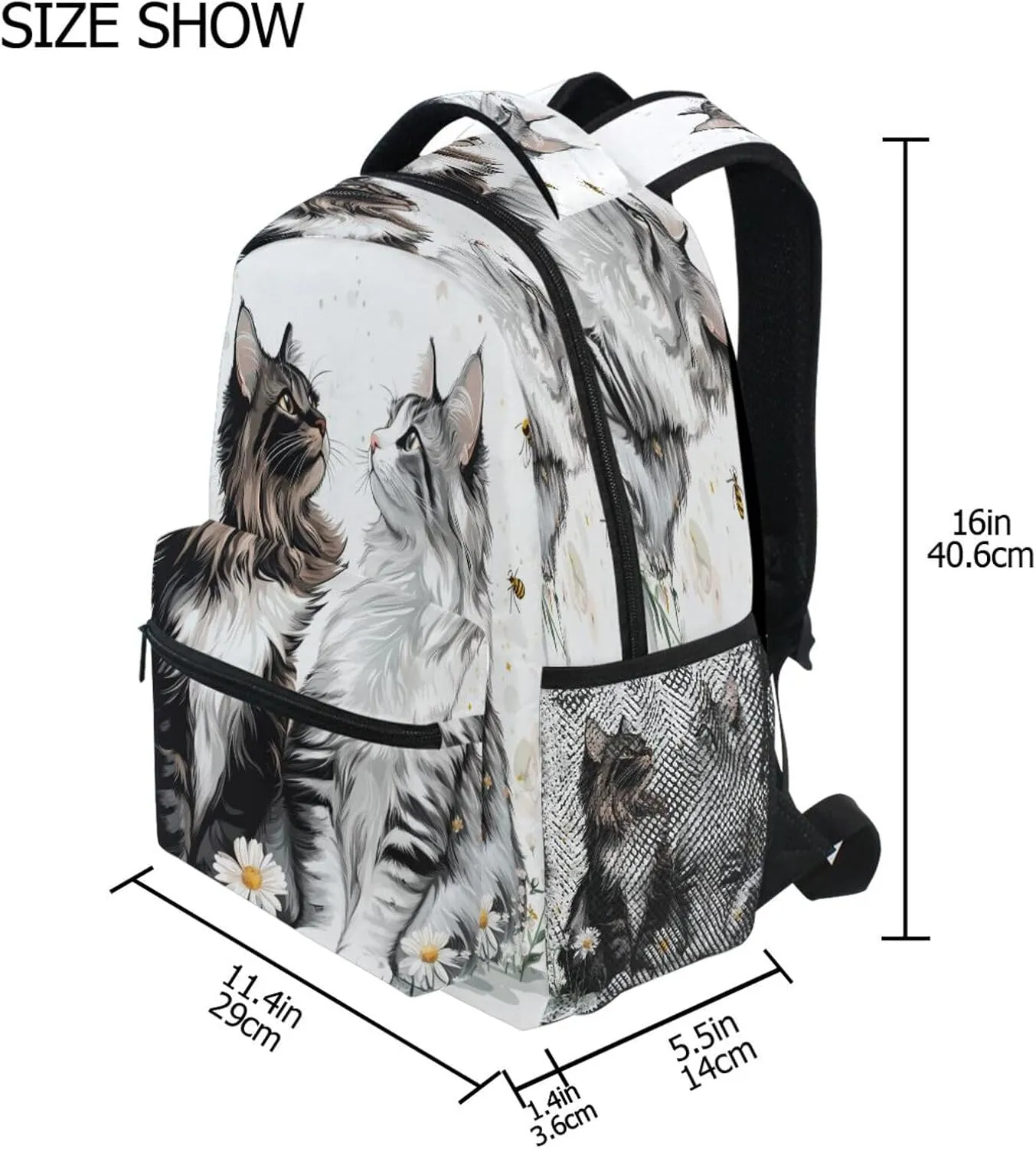 Backpacks for Teenager Waterproof Personal Backpack with Chest Strap Gift Men & Women Cartoon Maine Coon Cats White