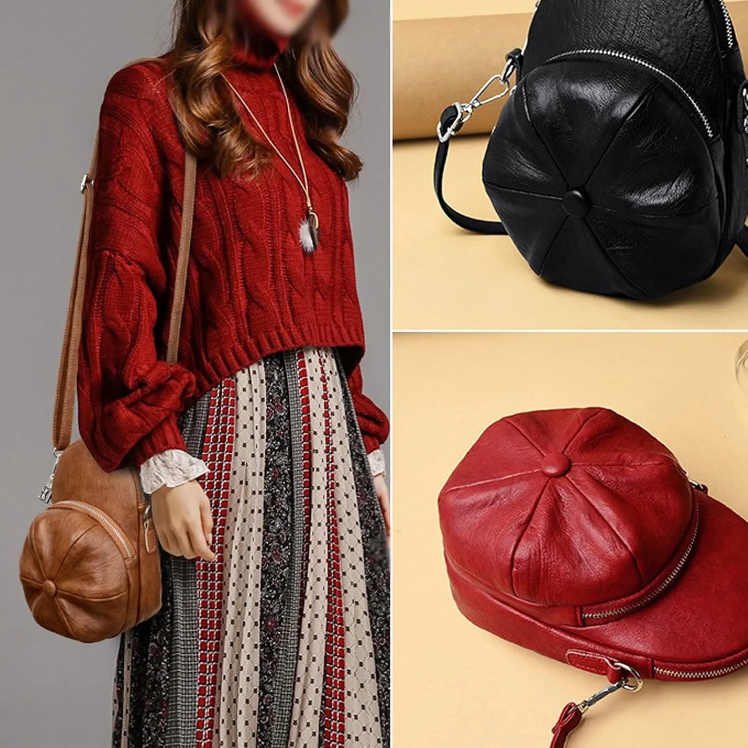 Backpacks Hat Shape Women Shoulder Bag Soft Leather Crossbody Messenger Bags Ladies Handbag (Color : Rojo)