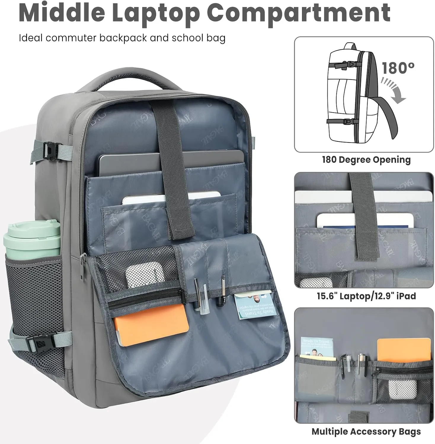 BAGAIL Travel Laptop Backpack, Carry on with USB Port, Luggage Bag for Holiday-Grey