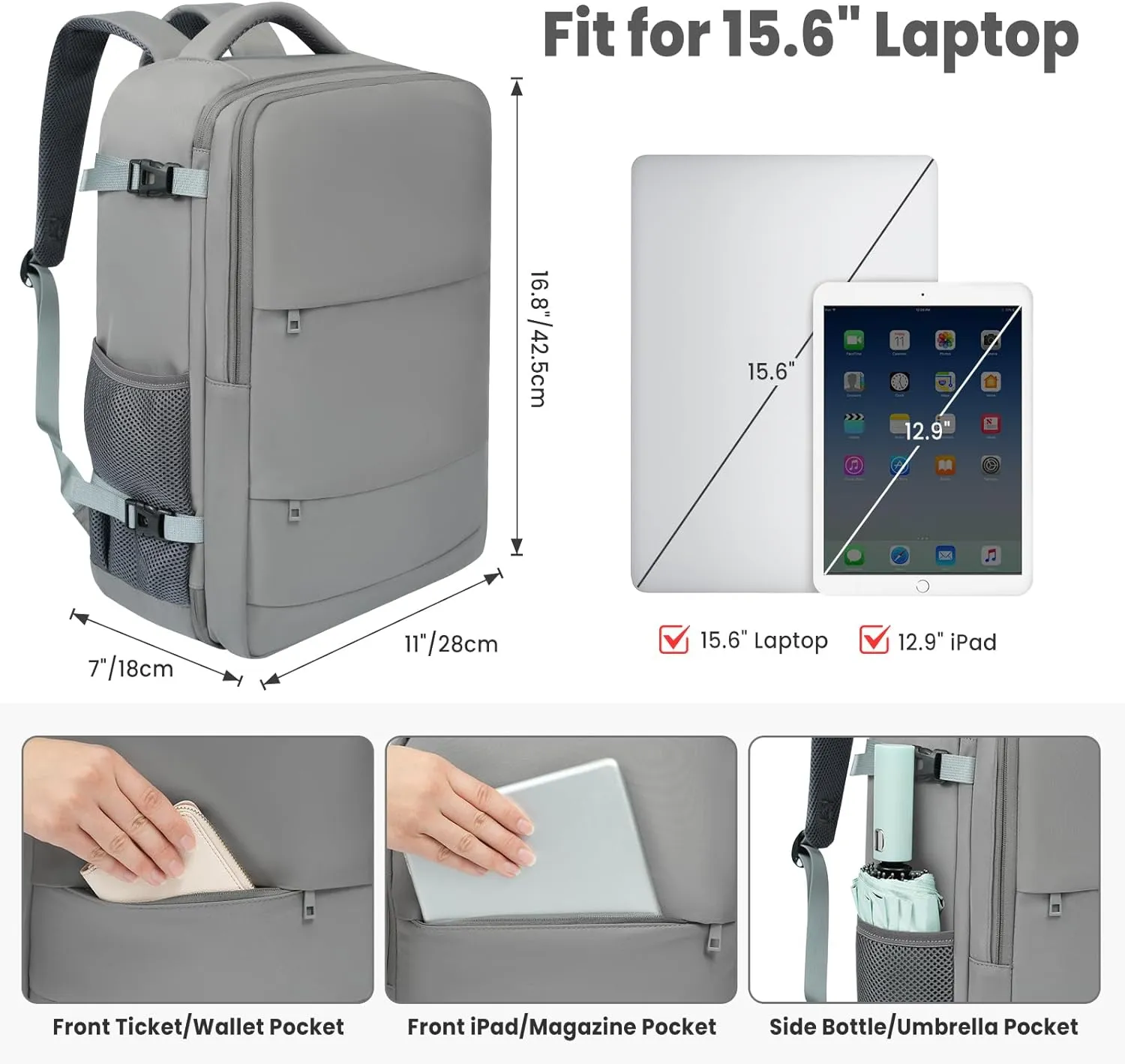 BAGAIL Travel Laptop Backpack, Carry on with USB Port, Luggage Bag for Holiday-Grey