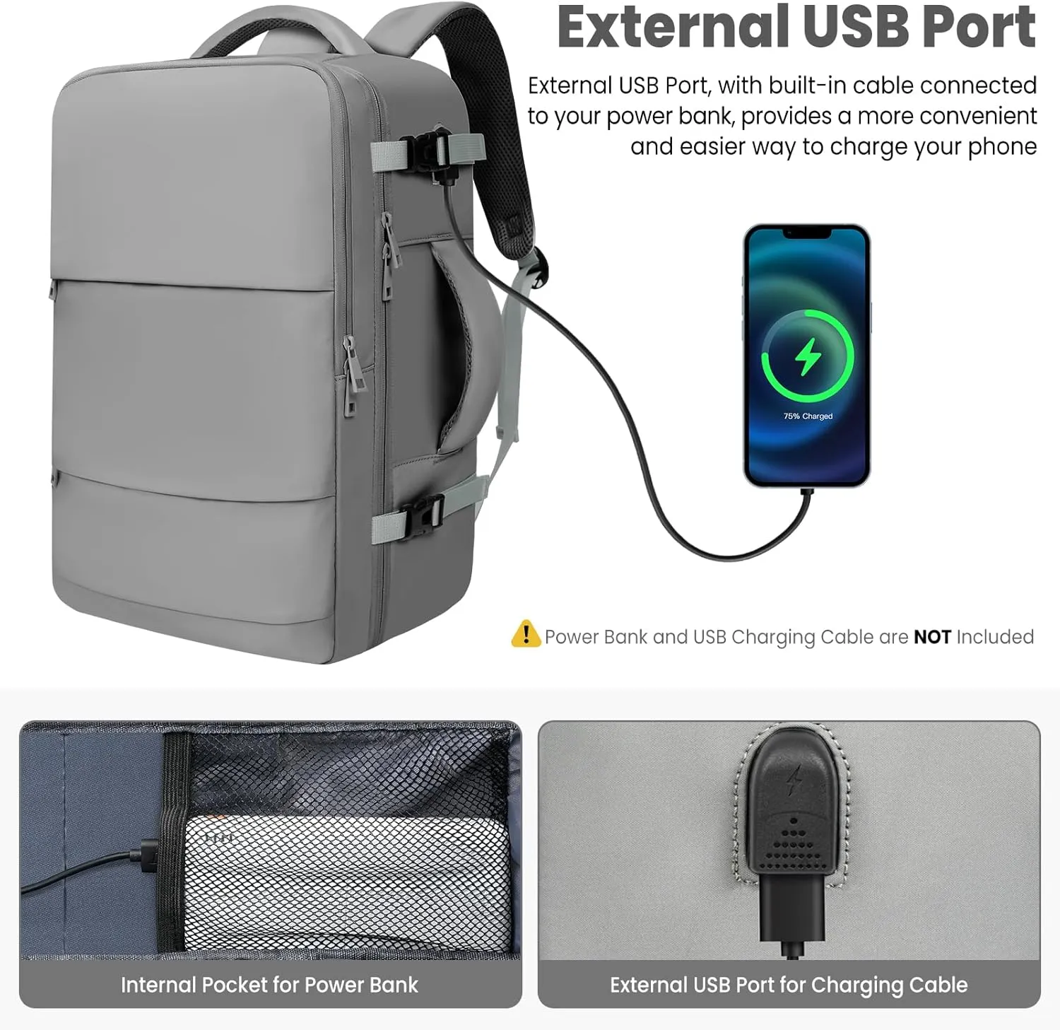 BAGAIL Travel Laptop Backpack, Carry on with USB Port, Luggage Bag for Holiday-Grey